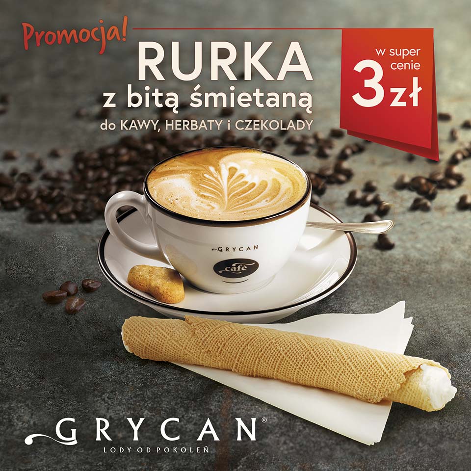 GRYCAN – rurka z bitą śmietaną 3 zł do każdej kawy, herbaty, czekolady - Galeria Korona Kielce